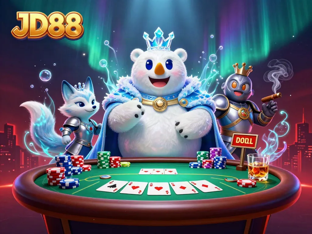 JD88 poker game scene featuring an ice king and snow fox in a casino setting with vibrant colors.