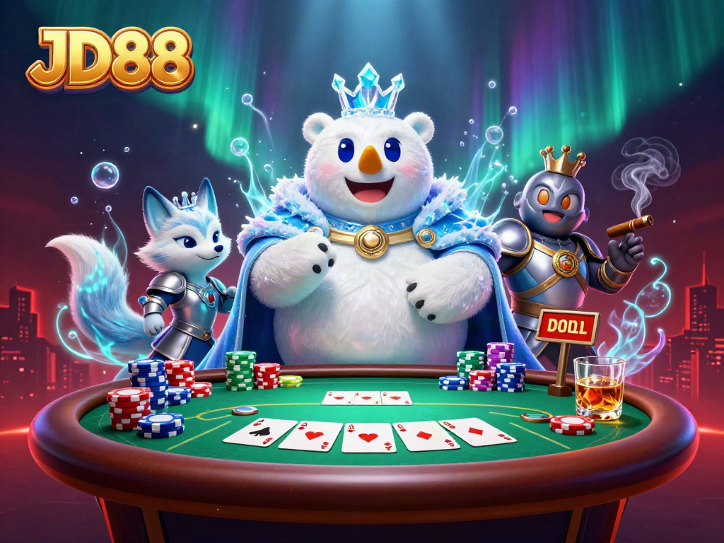 JD88 poker game scene featuring an ice king and snow fox in a casino setting with vibrant colors.