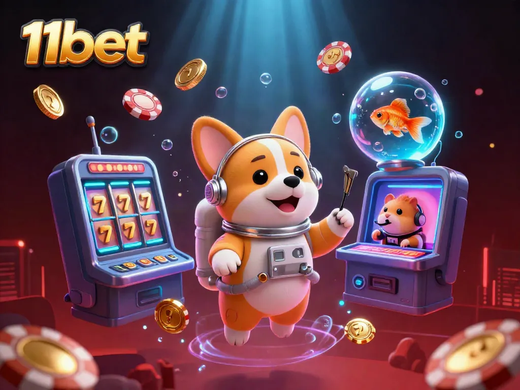 Engage with thrilling 11bet casino action featuring an astronaut corgi, lucky 7s, and a vibrant space setting.