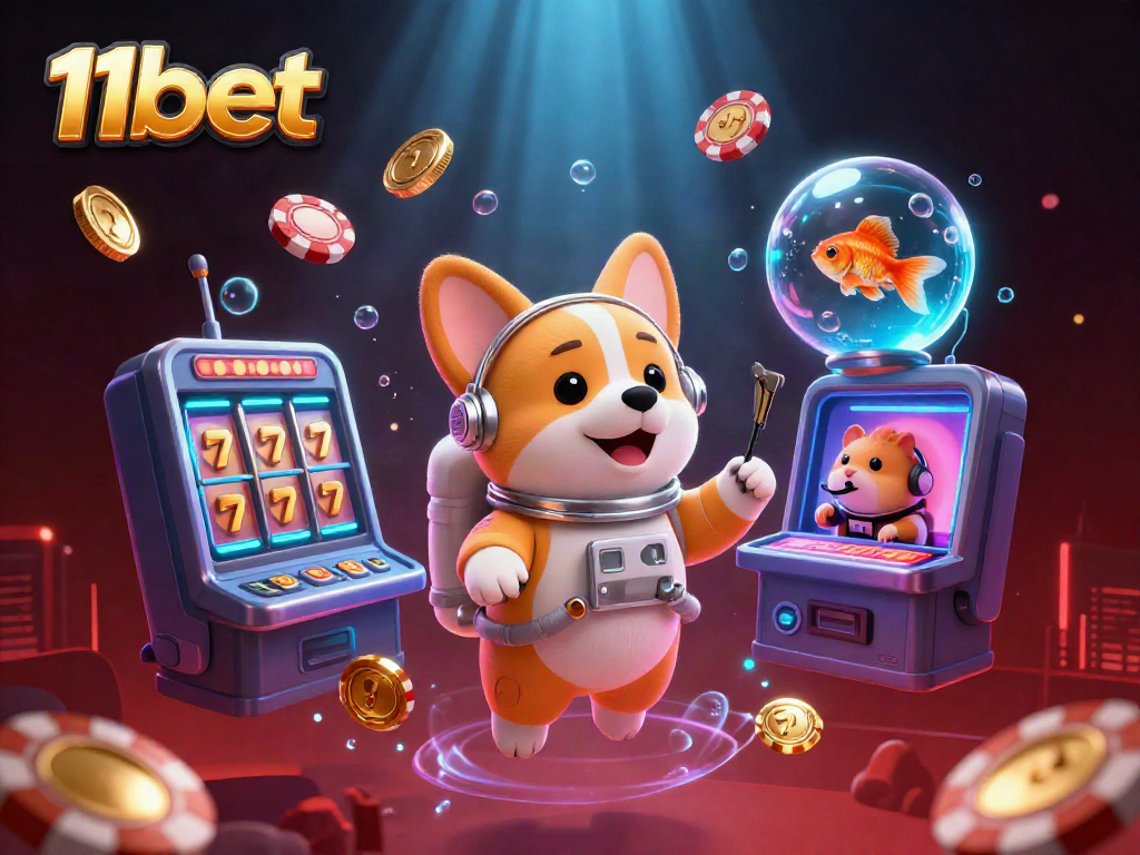Engage with thrilling 11bet casino action featuring an astronaut corgi, lucky 7s, and a vibrant space setting.