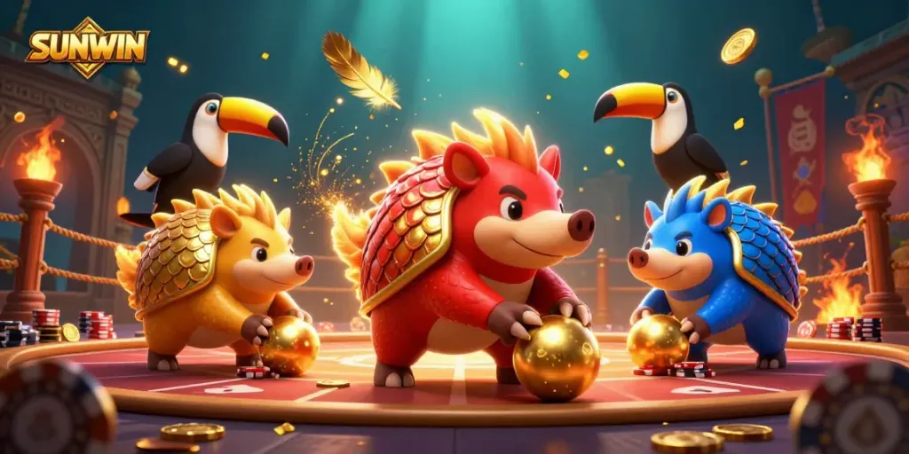 Engage in SUNWIN's thrilling atmosphere as animated pangolins roll jackpot balls through poker chips.
