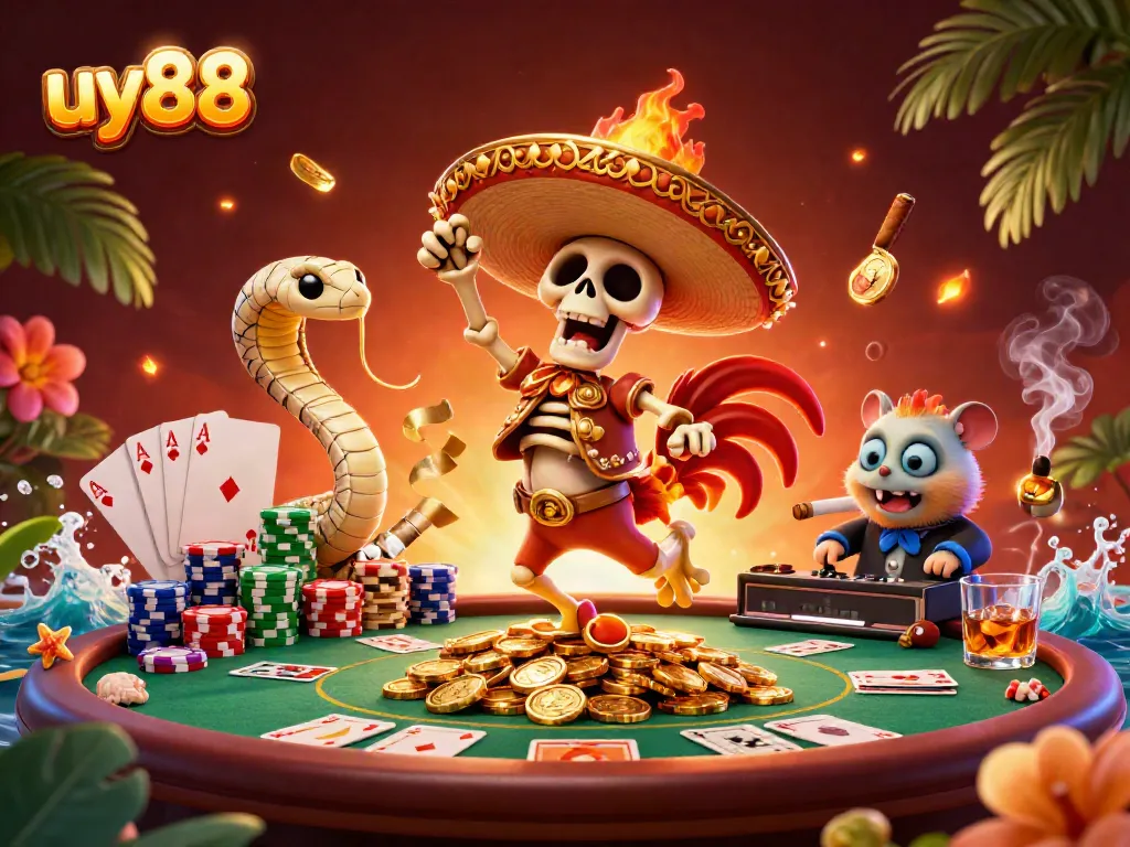 Experience the vibrant energy of uy88 with a dynamic casino-themed 3D illustration showcasing playful characters and gaming elements.