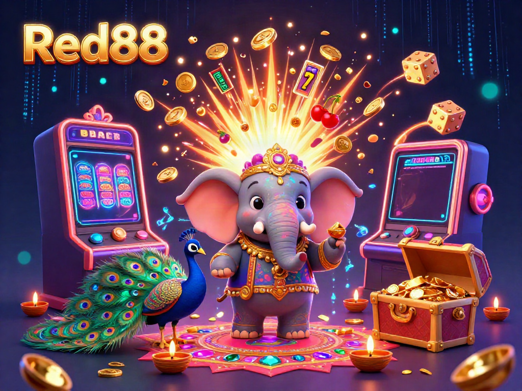 Engage in thrilling gaming excitement with Red88's vibrant casino adventure filled with colorful characters and jackpot elements.