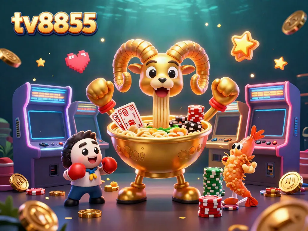 Experience the vibrant excitement of tv8855 with a playful 3D illustration of casino elements and characters.