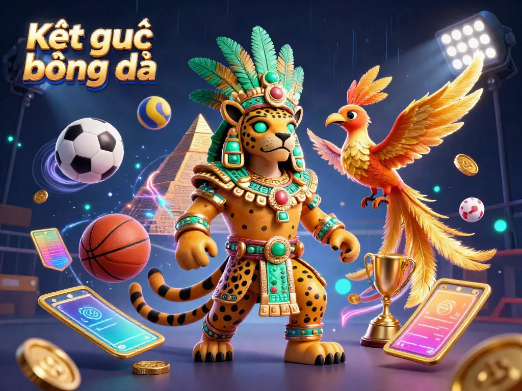 Engage with the Kết quả bóng đá experience through a vibrant 3D scene featuring dynamic sports elements and a Mayan jaguar priest invoking energy.