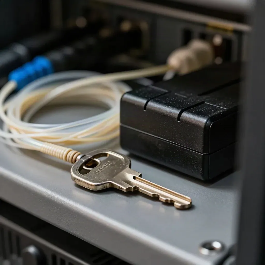 Macro cluster of a patch-panel key, fibre lead and drive carrier on a dark service shelf.