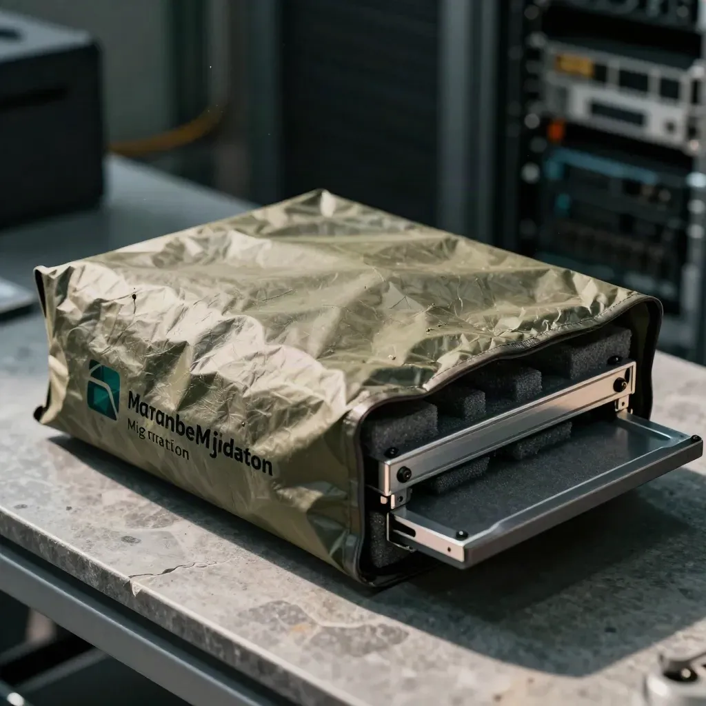 Server migration tray half nested in anti-static pouch on stone under dramatic studio light