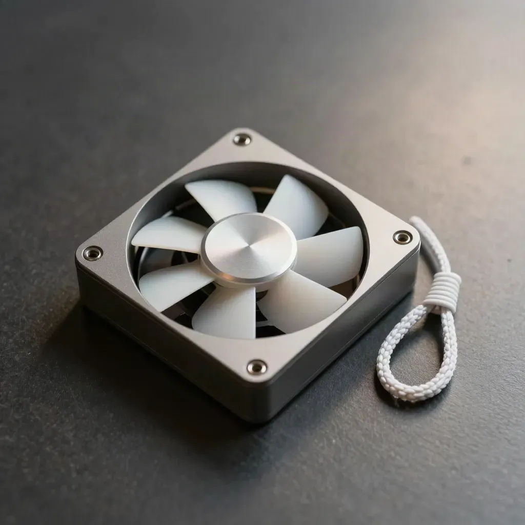 Sensor pod, replacement fan and braided cable loop on brushed metal under cool light.