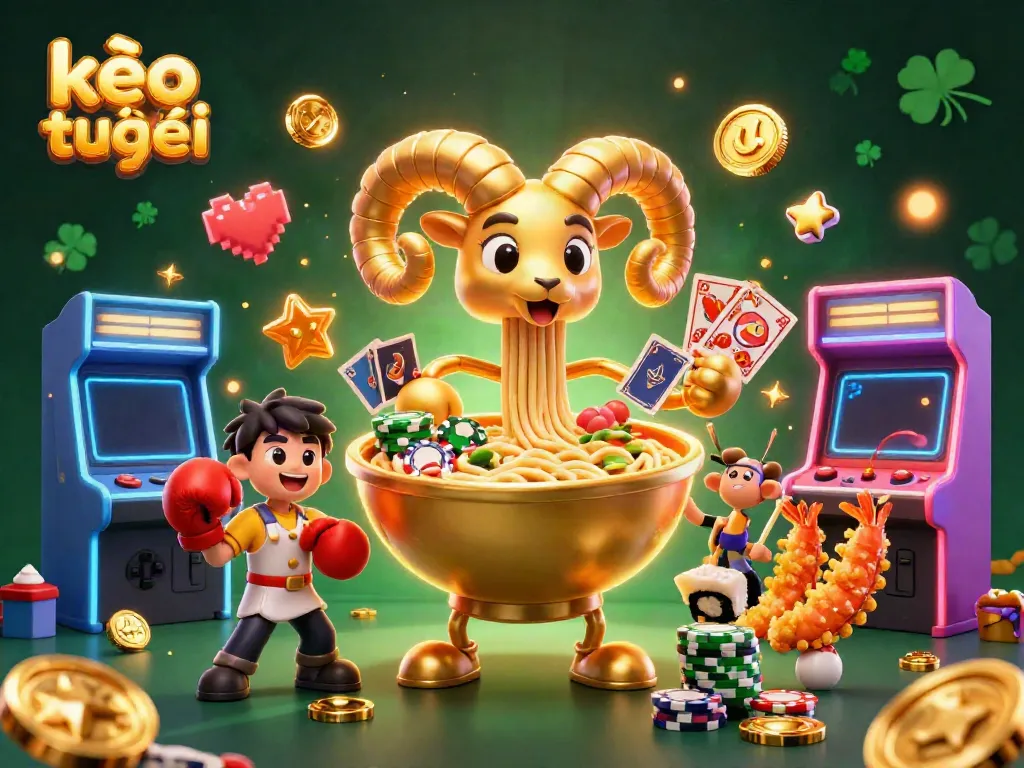 Engaging scene of kèo trực tuyến featuring a ramen bowl character dealing cards amidst 3D arcade game elements.