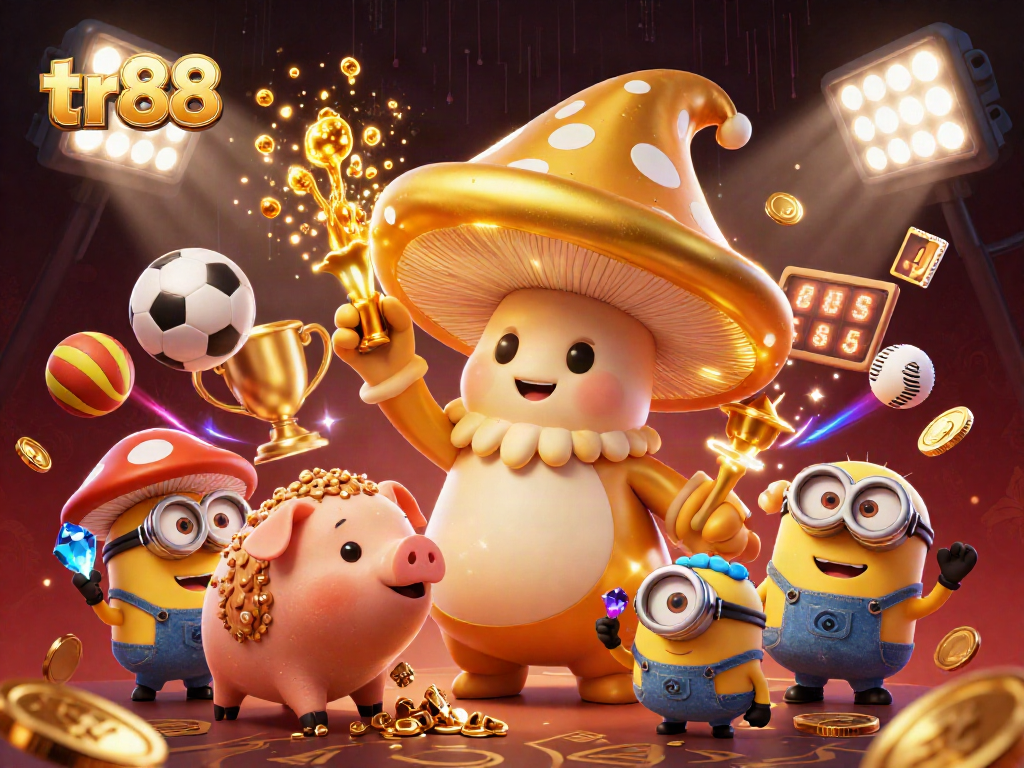 Experience tr88 casino magic with golden characters and dynamic sports elements in this elaborate scene.