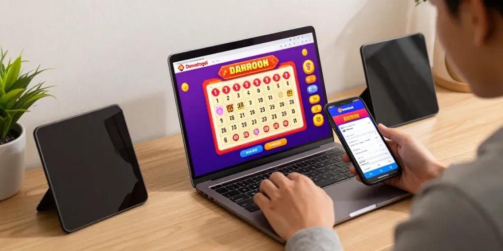 Dewatogel online lottery interface displayed on a laptop, with an engaged user and colorful graphics.