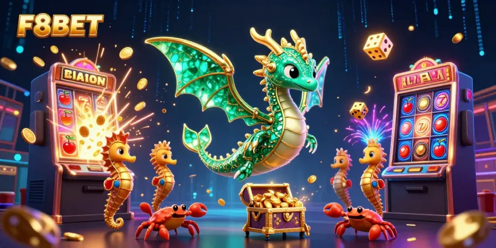 Experience thrilling gameplay at F8BET with an enchanting sea dragon and vibrant casino symbols.