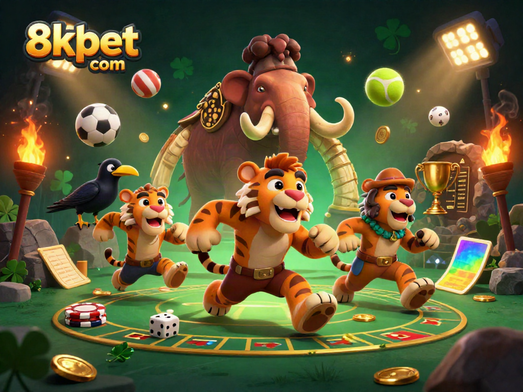 Engage with thrilling gaming at 8xbet com, featuring a lively prehistoric casino scene.