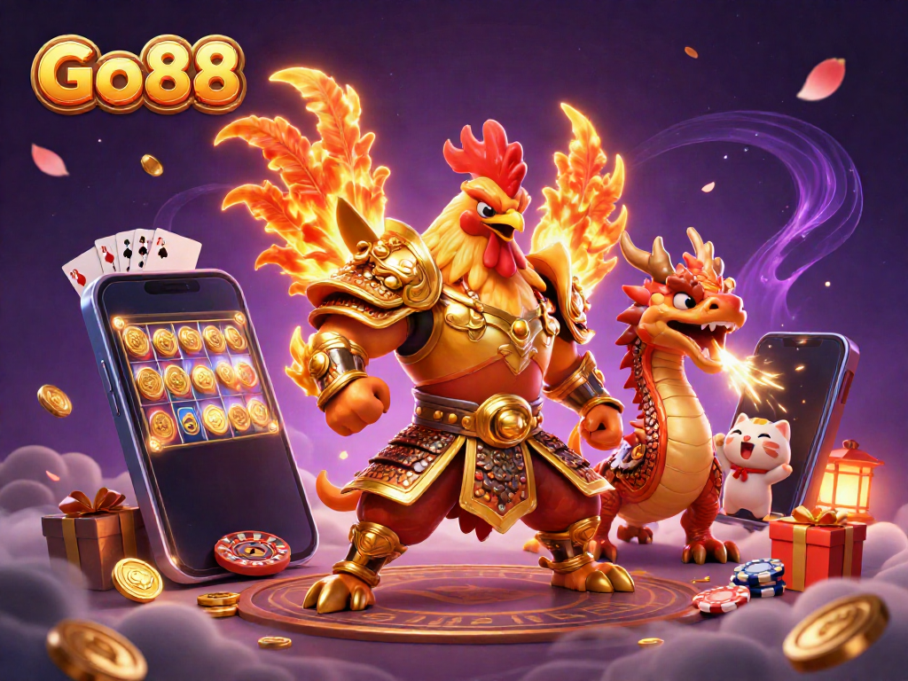 Engage with Go88 as a fighting rooster battles with a dragon amid dynamic gaming elements.