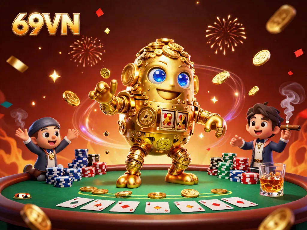 Engage in thrilling gameplay at 69VN with a vibrant online casino scene featuring a golden golem and poker elements.