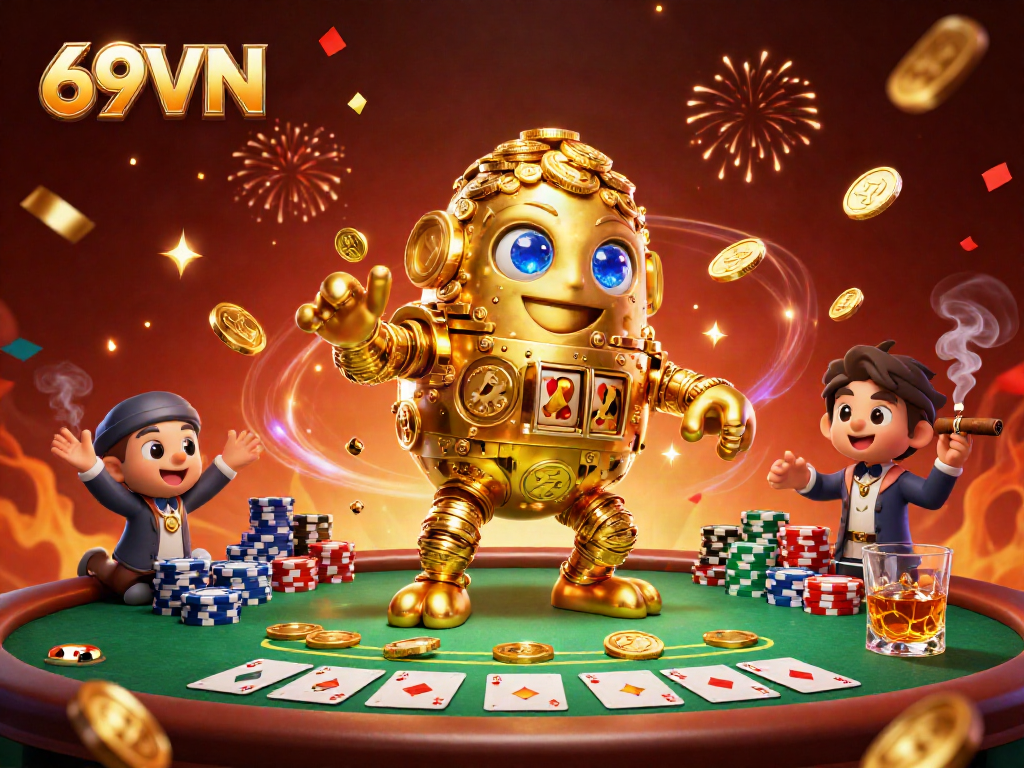 Engage in thrilling gameplay at 69VN with a vibrant online casino scene featuring a golden golem and poker elements.