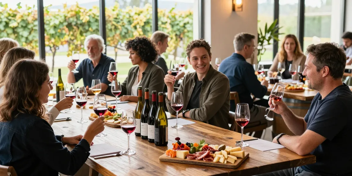 Wine tasting at AVP Wine Collective with diverse guests enjoying elegant wines and gourmet food.