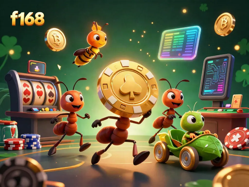 Ants in a heist carrying a giant f168 poker chip, symbolizing online casino excitement.