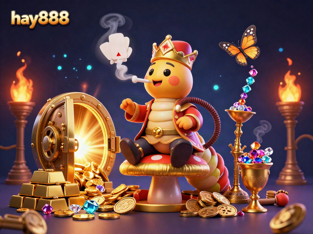 Experience the vibrant world of hay888 with a cartoon caterpillar master and casino treasures.