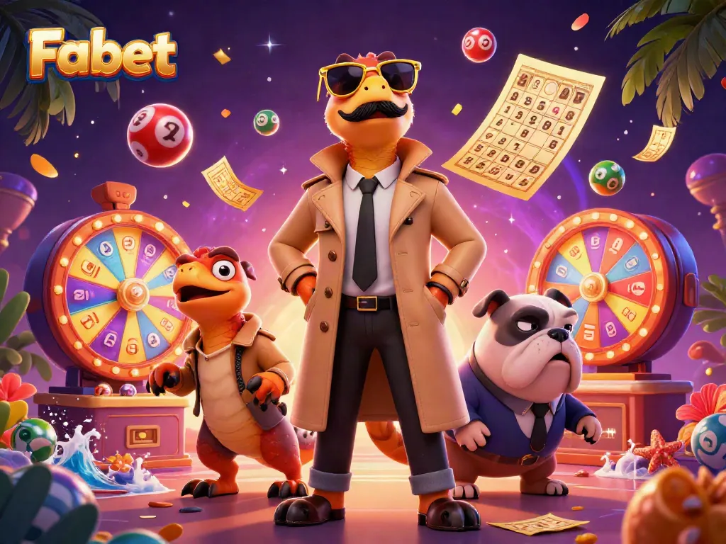 Experience the excitement at Fabet with animated raptors and colorful casino elements in a dynamic scene.