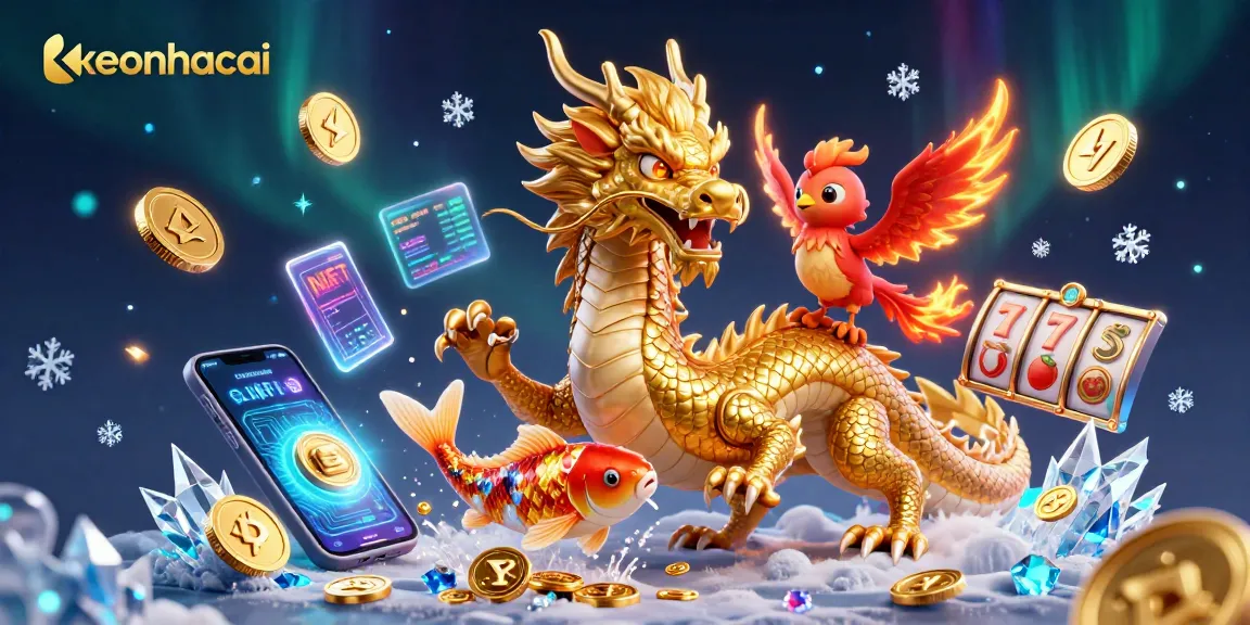 Engage with keonhacai's thrilling gaming scene featuring a majestic dragon, phoenix, and koi fish.