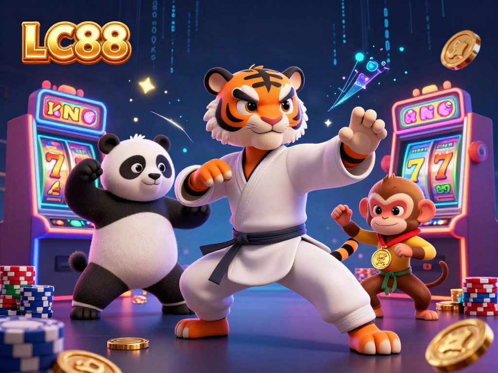 Engage with LC88 at a vibrant casino featuring a kung fu tiger, panda, and monkey celebrating wins.