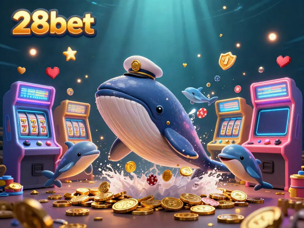 Experience thrilling gaming with 28bet's lively casino scene featuring a whale and playful dolphins.
