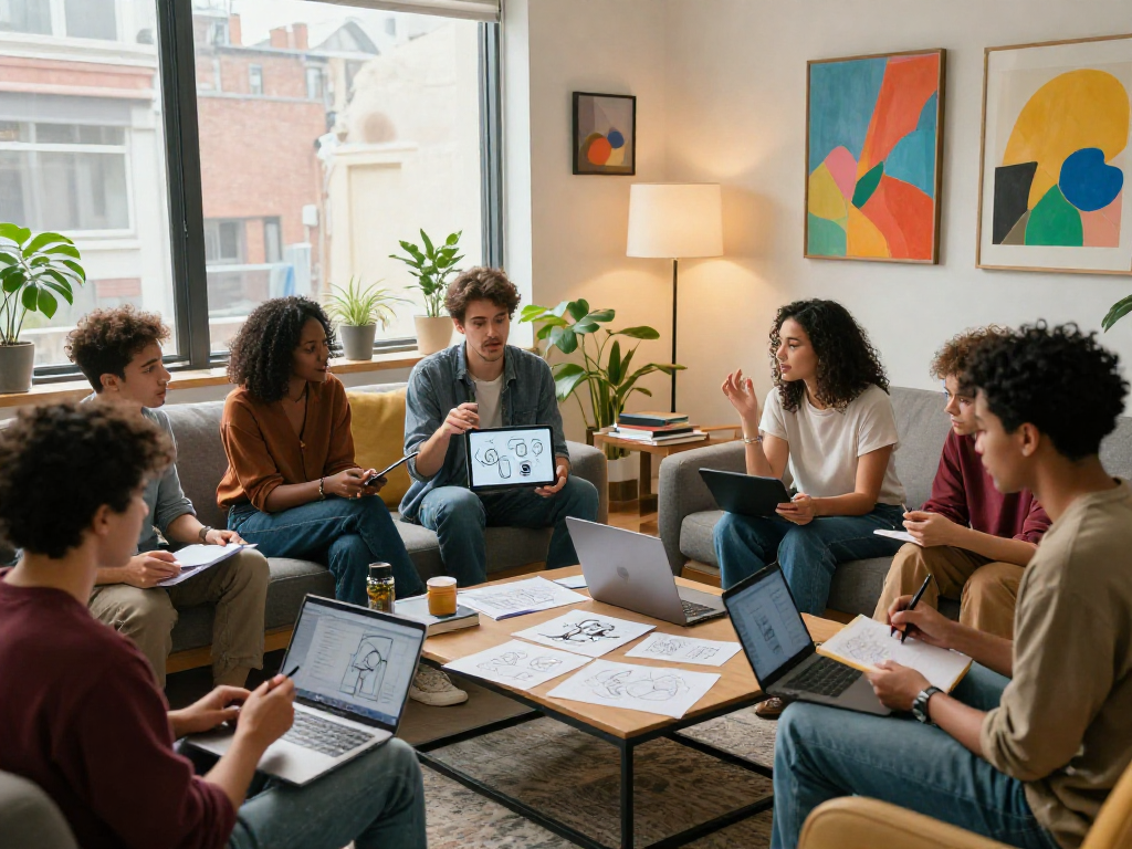 Creative group discussion about nsfw ai projects in a bright urban living space.