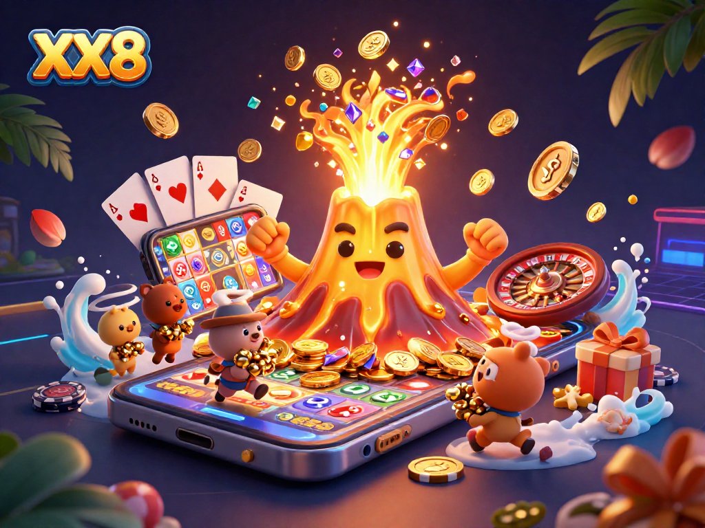 Experience the excitement of XX8 with a 3D illustration featuring a golden volcano and treasure