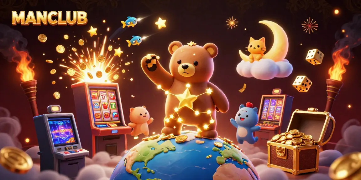 Feel the excitement of MANCLUB as a constellation bear gathers coins amidst a dazzling casino scene.