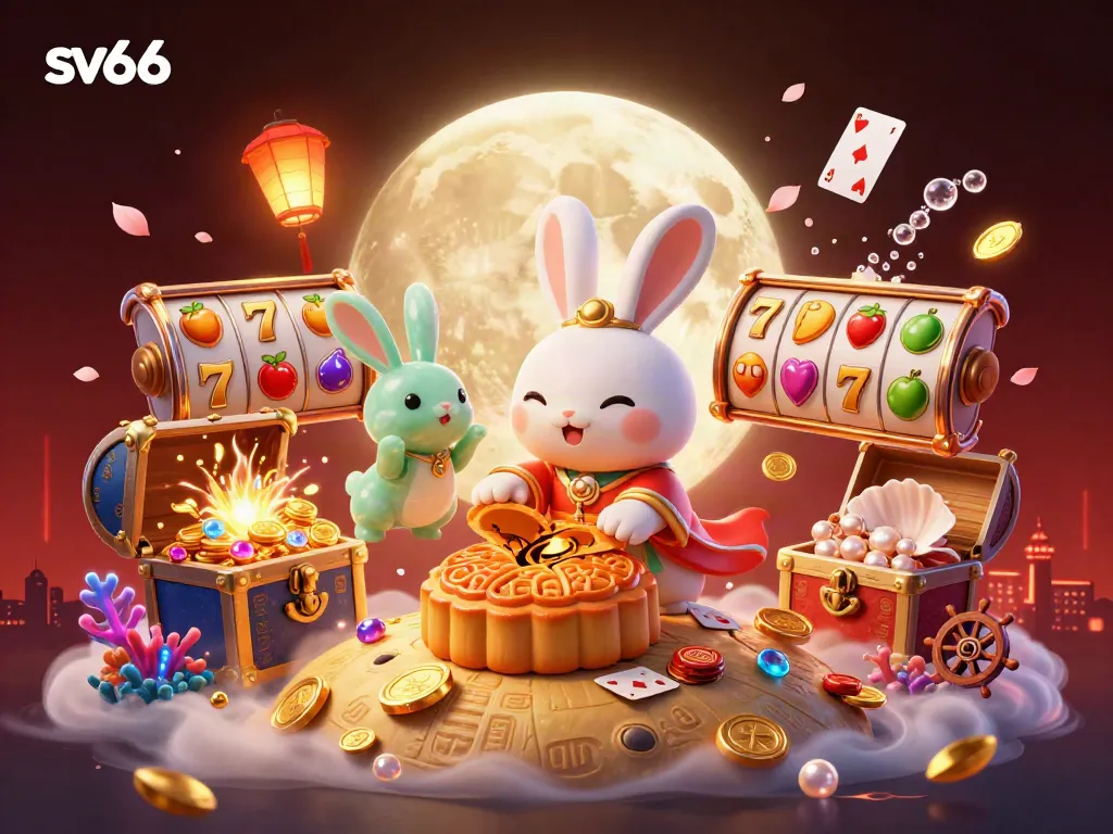 Experience thrilling spins at sv66 with a vibrant digital casino scene featuring the moon rabbit.