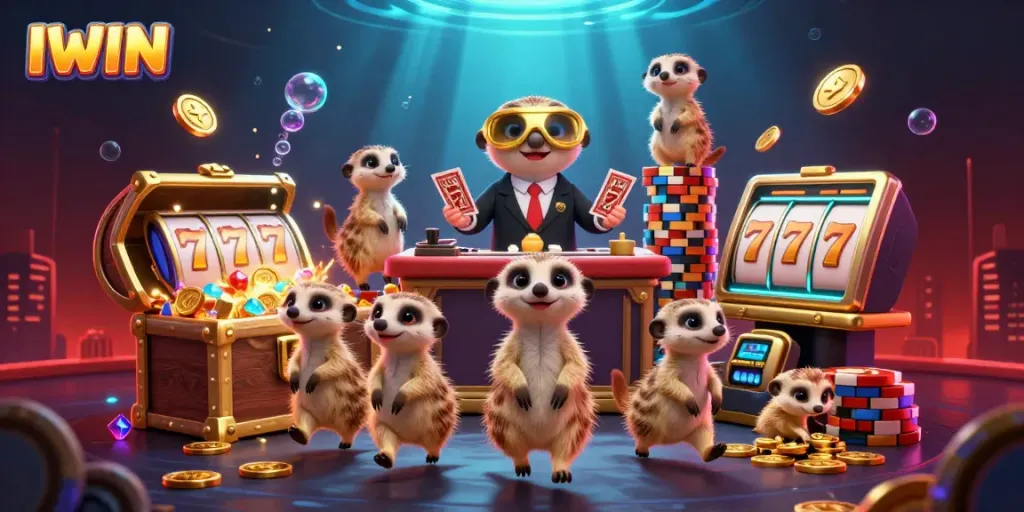 IWIN casino scene animated with meerkats running games, showcasing vibrant casino elements like slot reels.