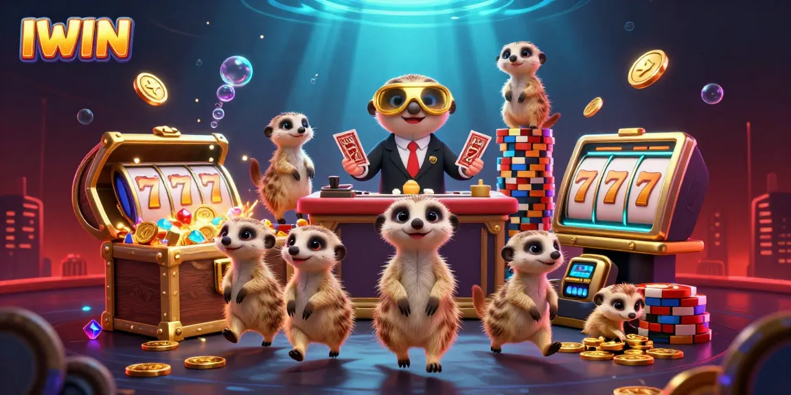 IWIN casino scene animated with meerkats running games, showcasing vibrant casino elements like slot reels.