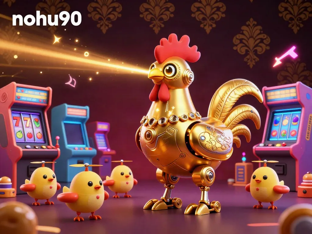 Nohu90 showcases a vibrant 3D gambling scene featuring a golden rooster robot and baby chick drones surrounded by casino elements.