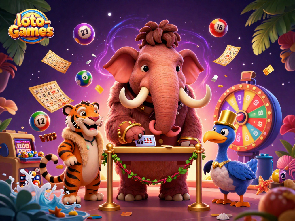 Experience the excitement of loto-games with a vibrant scene featuring a mammoth bouncer and lottery elements.
