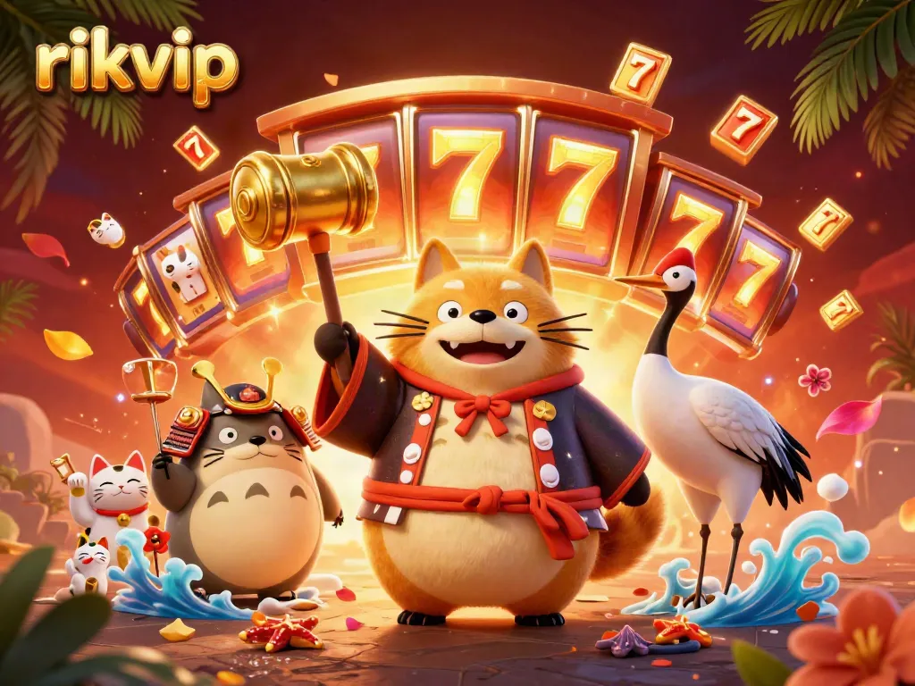 Experience thrilling gaming at rikvip with a joyful tanuki, crane, and fortune cats in an engaging casino scene.