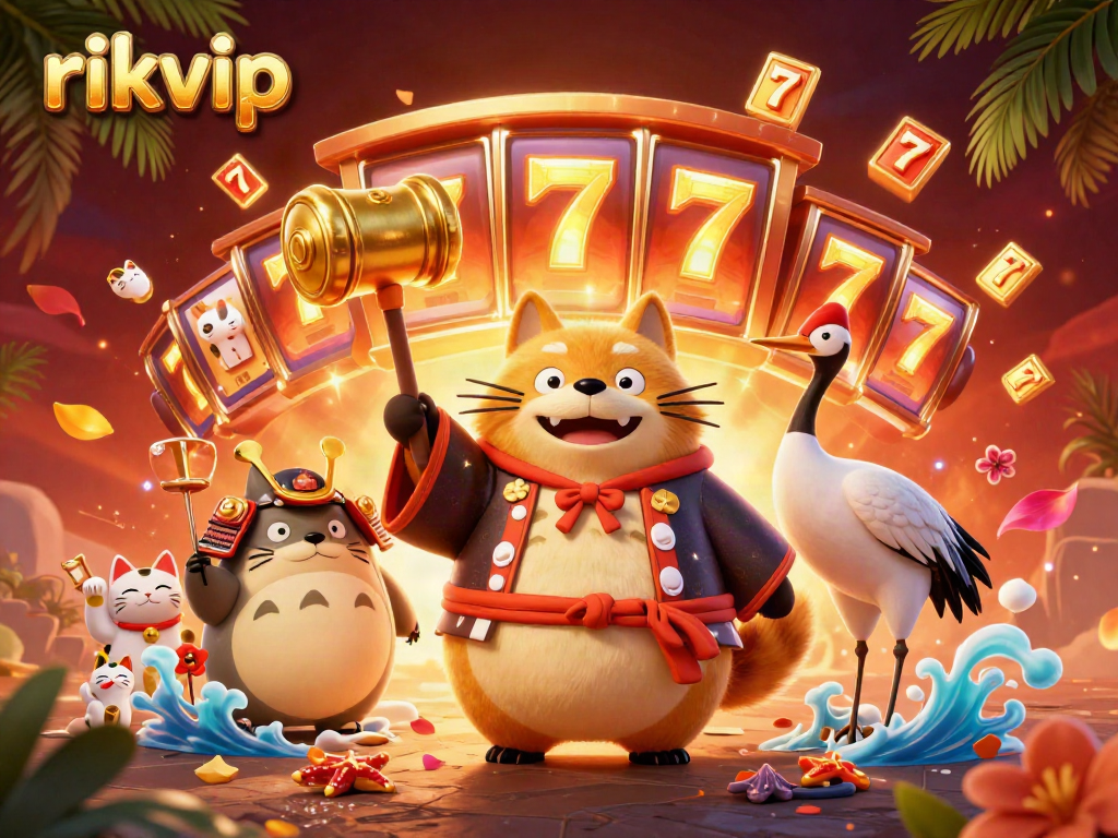 Experience thrilling gaming at rikvip with a joyful tanuki, crane, and fortune cats in an engaging casino scene.