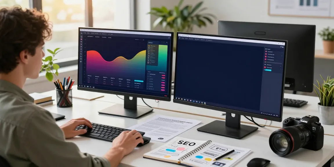 Digital marketing workspace displaying instant indexing analytics and campaign ideas.