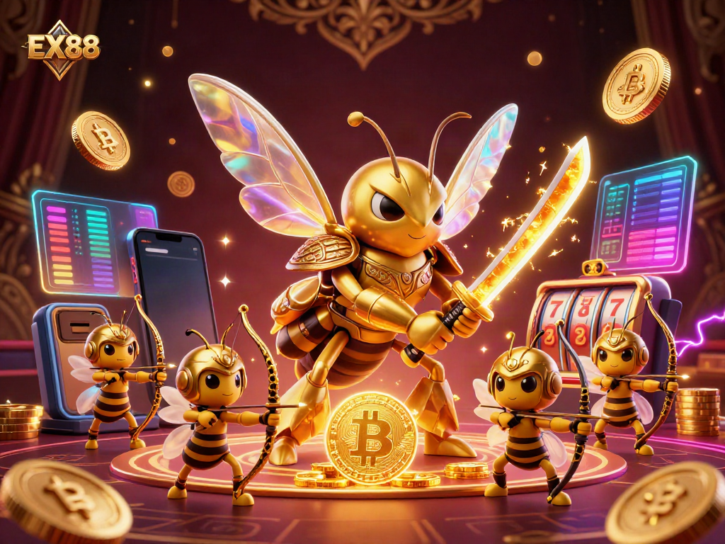 Experience the thrilling world of EX88 casino with our immersive illustration featuring a golden hornet warrior and crypto winnings.