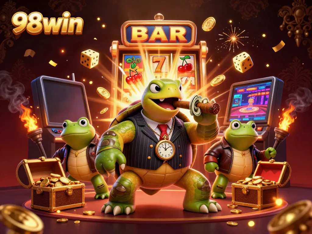 Experience excitement with 98win as the snapping turtle and bullfrog enforcers celebrate a jackpot in this casino scene.