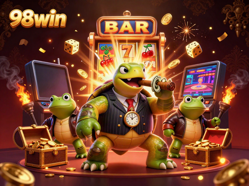 Experience excitement with 98win as the snapping turtle and bullfrog enforcers celebrate a jackpot in this casino scene.