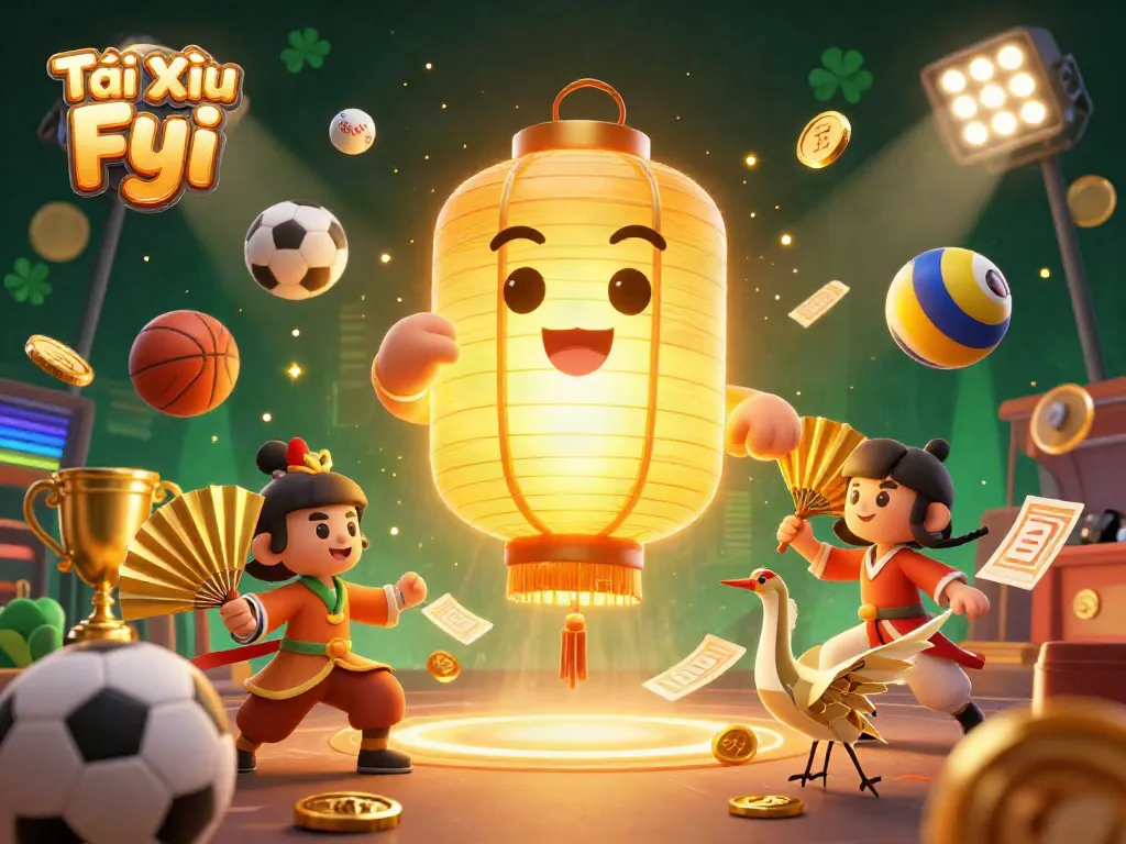 Tài Xỉu Fyi showcases vibrant cartoon spirits and dynamic sports elements in a night market casino.