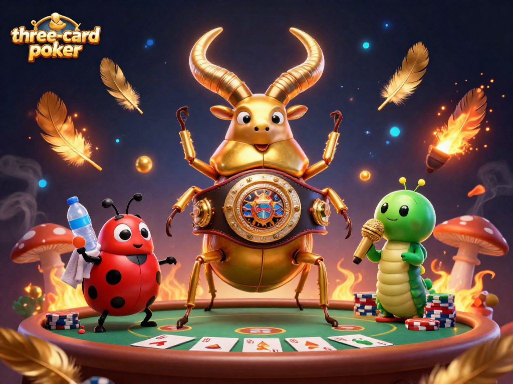 Engage with three-card-poker action featuring a vibrant battle scene with characters and poker elements.
