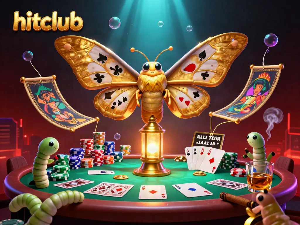 Engaging hitclub scene with a cartoon moth showcasing playing card suits while surrounded by dynamic poker elements