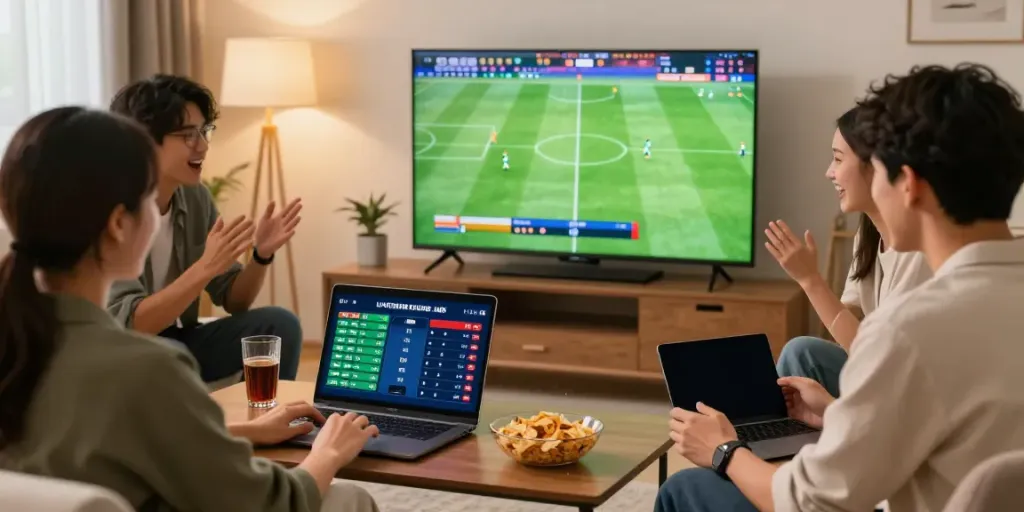 Excited friends placing bets on DewaGG while watching a live football match.