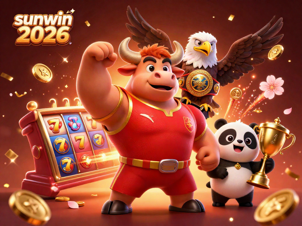 Experience thrilling wins at Sunwin 2026 with vibrant characters celebrating big wins and spinning slot reels.