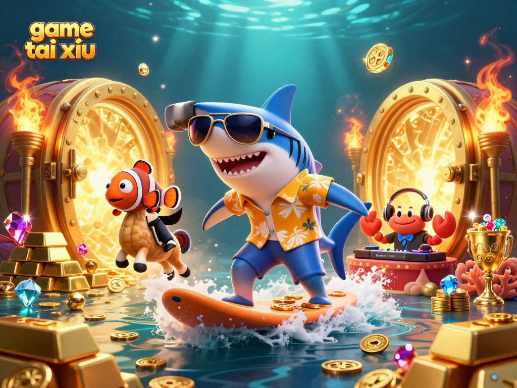 Experience game tài xỉu excitement as the shark surfs on gold coins in a vibrant casino scene.