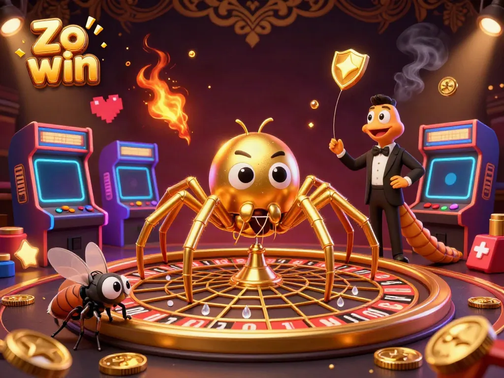 Engage with the Zo win golden roulette web in this vibrant 3D illustration filled with gaming flair and casino elements.