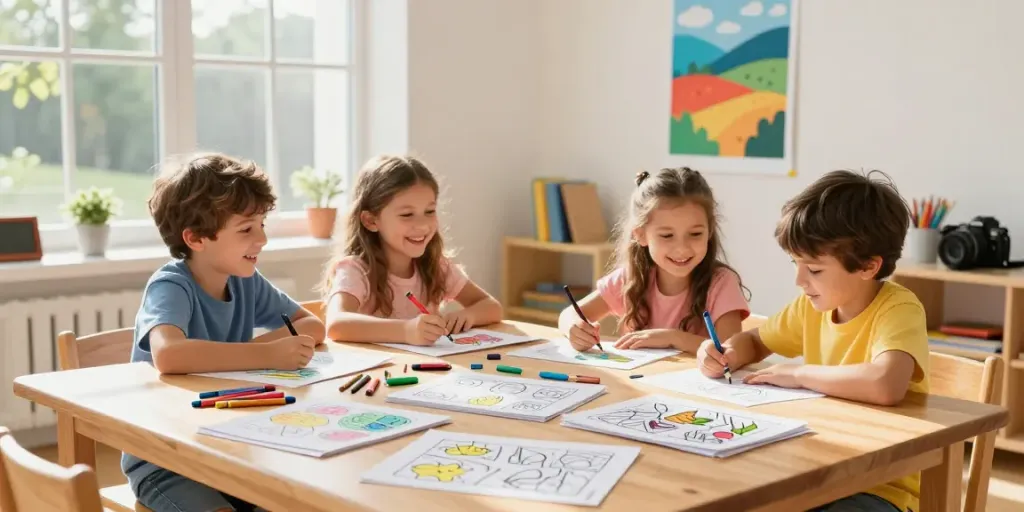 Children joyfully coloring freecoloringsheets.net designs in a bright playroom.