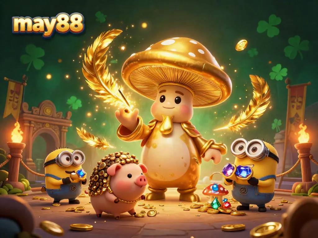 Experience winning moments at may88 with a magical themed illustration of a golden wizard and treasure pigs.